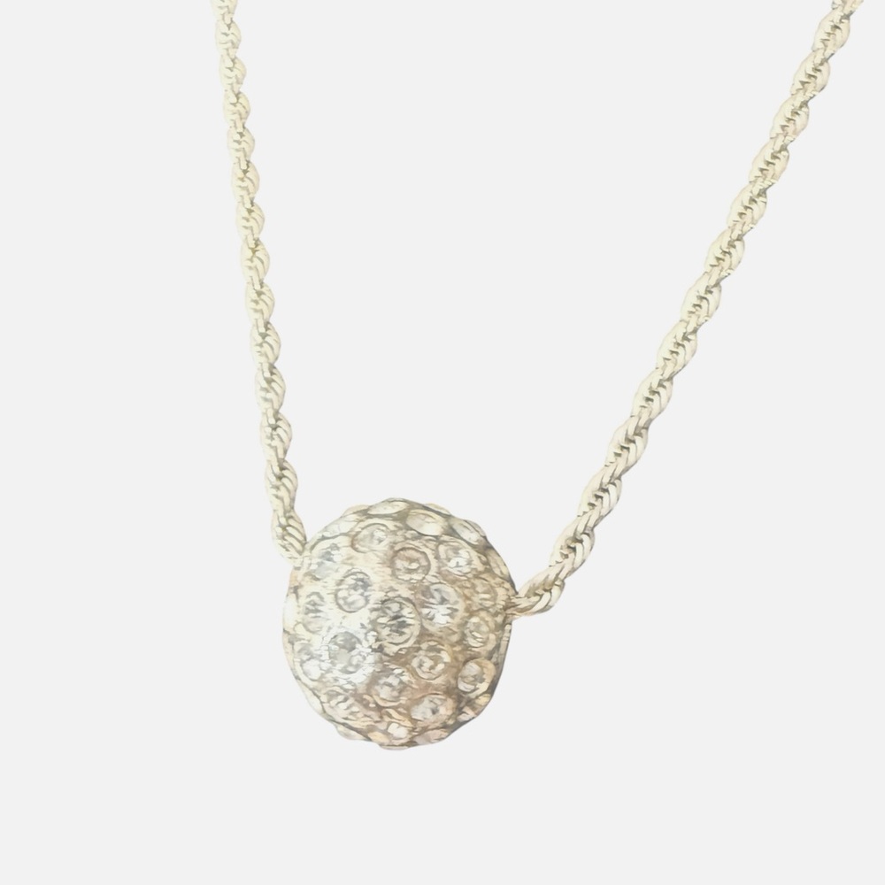 Rhinestone Ball Sphere Pendant Necklace Twist Rope Bling Silver Disco Toned